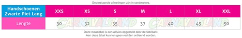 Handschoenen Zwarte Piet Lang (maattabel)