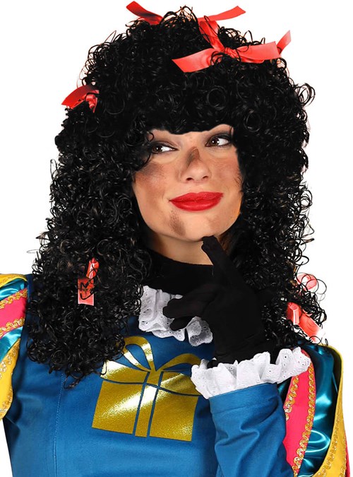 Pepita Pieten Pruik Zwart Wetlook met Rode Strikjes