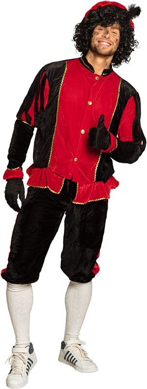 Zwarte Pietenpak Zwart-Rood voor Volwassenen (man)