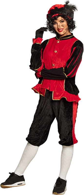 Zwarte Pietenpak Zwart-Rood voor Volwassenen (vrouw)